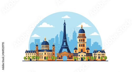 flat style picturesque illustration of Paris cityscape showcasing the Eiffel Tower and other iconic landmarks against a bright sky. Perfect for France and travel-related projects