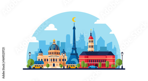 flat style picturesque illustration of Paris cityscape showcasing the Eiffel Tower and other iconic landmarks against a bright sky. Perfect for France and travel-related projects