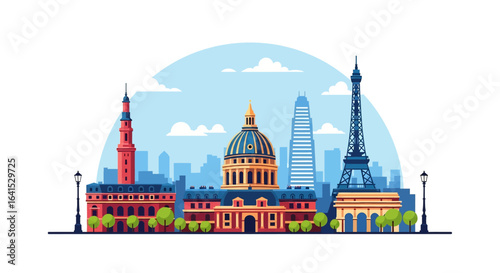flat style picturesque illustration of Paris cityscape showcasing the Eiffel Tower and other iconic landmarks against a bright sky. Perfect for France and travel-related projects