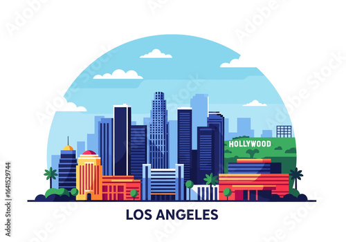 flat style picturesque illustration of Los Angeles cityscape showcasing modern skyscrapers and distinctive architecture against a bright, cloudy sky. Perfect for California and urban themes