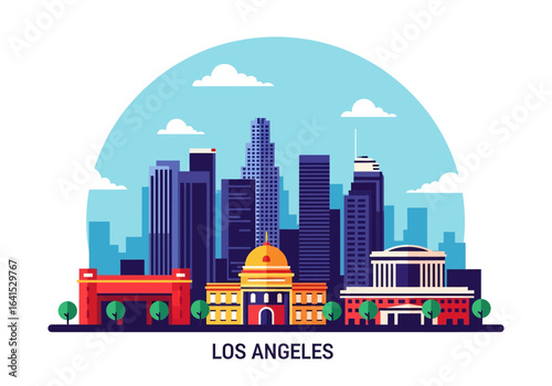 flat style picturesque illustration of Los Angeles cityscape showcasing modern skyscrapers and distinctive architecture against a bright, cloudy sky. Perfect for California and urban themes