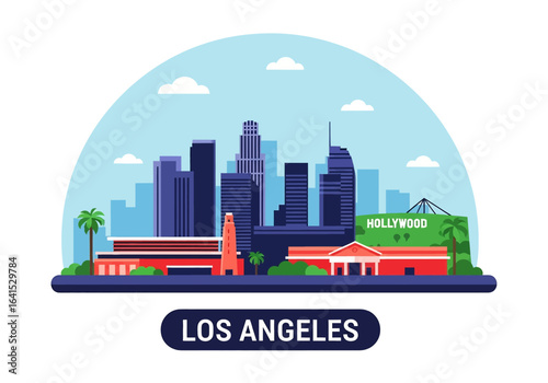 flat style picturesque illustration of Los Angeles cityscape showcasing modern skyscrapers and distinctive architecture against a bright, cloudy sky. Perfect for California and urban themes