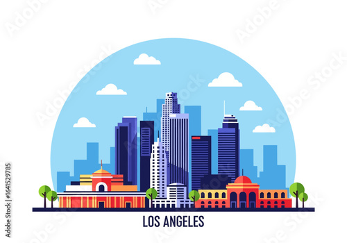 flat style picturesque illustration of Los Angeles cityscape showcasing modern skyscrapers and distinctive architecture against a bright, cloudy sky. Perfect for California and urban themes