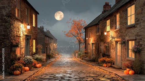 Haunted pumpkin festival old village spooky night scene candlelit streets ghostly atmosphere halloween mystery with coffee bean treats