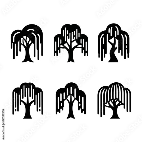 Vector art of set of black weeping willow tree icons isolated on white background