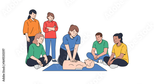 CPR Training Demonstration: Medical Professionals Teach First Aid Techniques on a Dummy in a Classroom