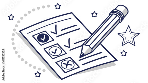 Checklist document with completed items and pencil surrounded by stars and dotted trail design