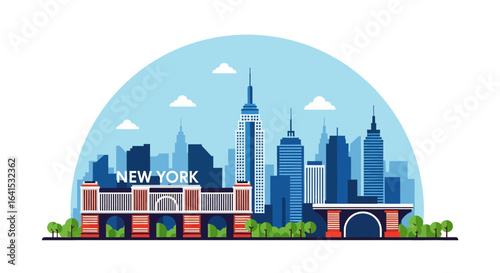 flat style picturesque illustration of New York cityscape featuring iconic skyscrapers against a bright, slightly cloudy sky. Perfect for USA travel and urban themes