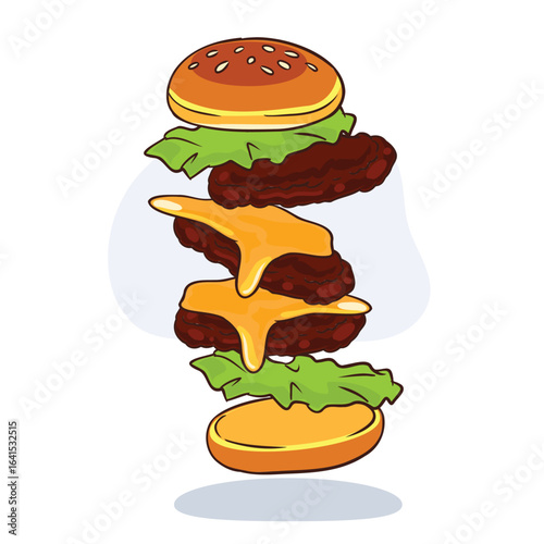 delicious triple cheeseburger with lettuce and grilled patties food vector design in cartoon style