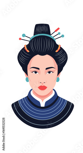 Elegant portrait of an asian woman with traditional updo hairstyle and blue robe