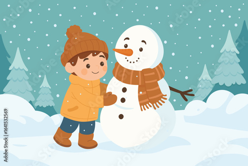 Child building snowman in winter forest. Kid playing with snow figure outdoors. Boy making snow sculpture