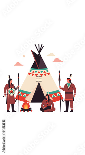Native american village scene with teepees and fire for gathering