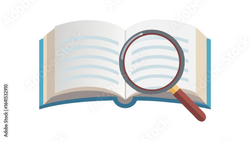 Open book with light blue cover and a magnifying glass resting on the pages in the foreground