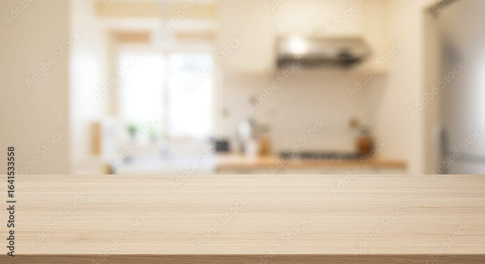 Empty wooden table top in the foreground with a blurred modern kitchen interior in the background, perfect for product display. Empty wooden table top in the foreground with a blurred modern kitchen interior in the background, perfect for product display.
