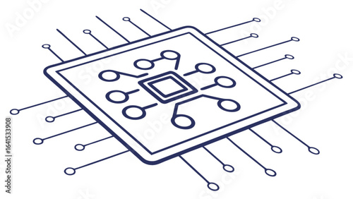 Illustration of a microchip with connections and a square outline on a white background design art