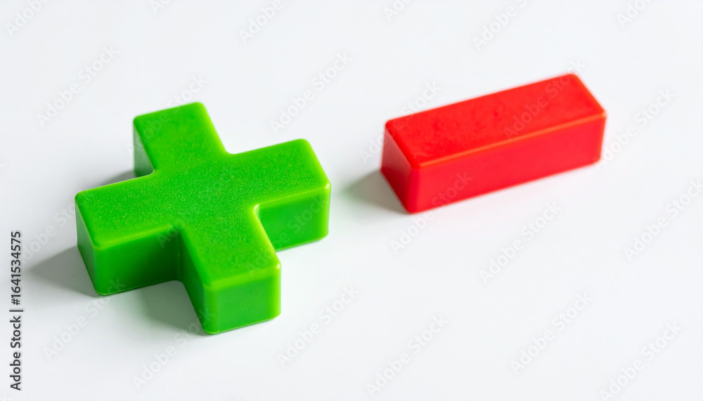 Obraz premium Bright green plus and red minus 3D icons. Minimalistic design. Isolated on white backdrop.