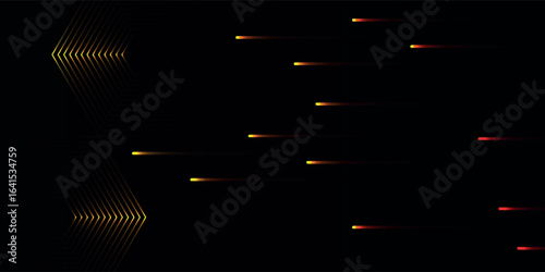 Abstract Yellow And Red Light Lines With Geometric Chevron Shapes On Dark Background, Futuristic Speed Motion, Technology, Pattern, Digital Design
