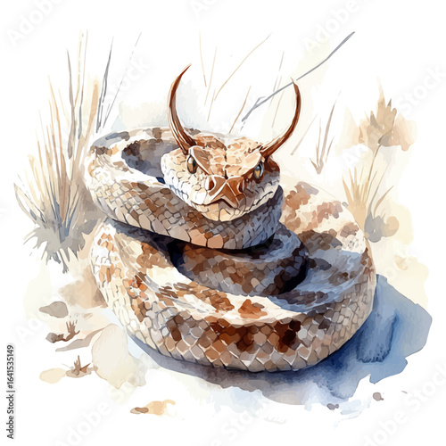 Desert Horned Viper, watercolor illustration vector, isolated on a white background.