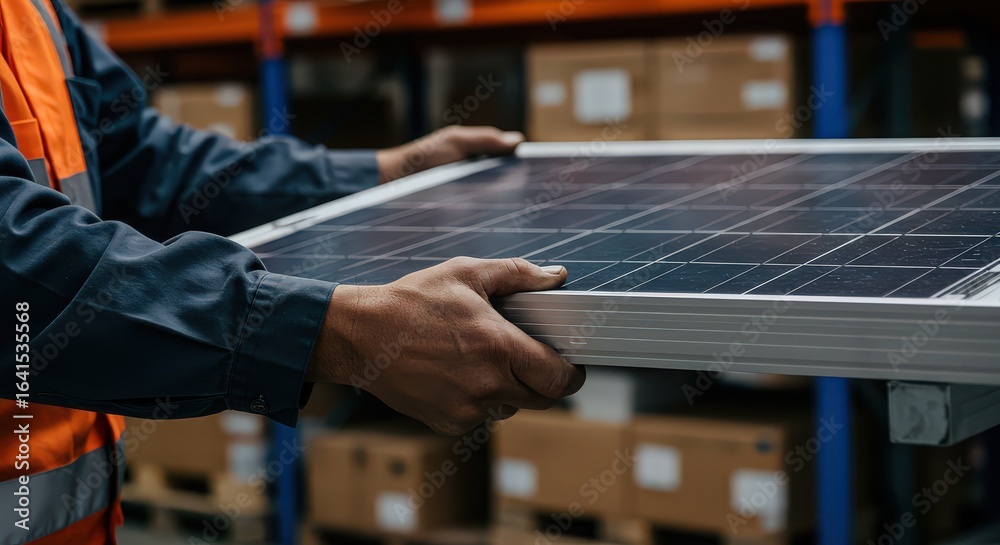 Fototapeta premium A worker holding a solar panel in a warehouse with boxes and shelves in the background view in detail