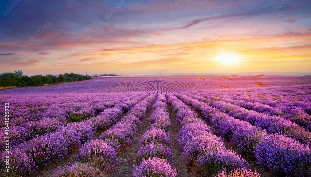 Obraz premium lavender field at sunrise pastel sky pink purple flowers landscape