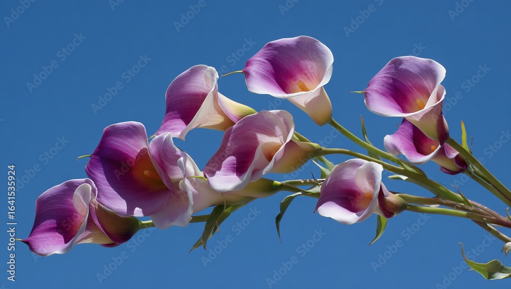 Fototapeta premium Lilac calla lilies reaching skyward on bare stems against vibrant blue