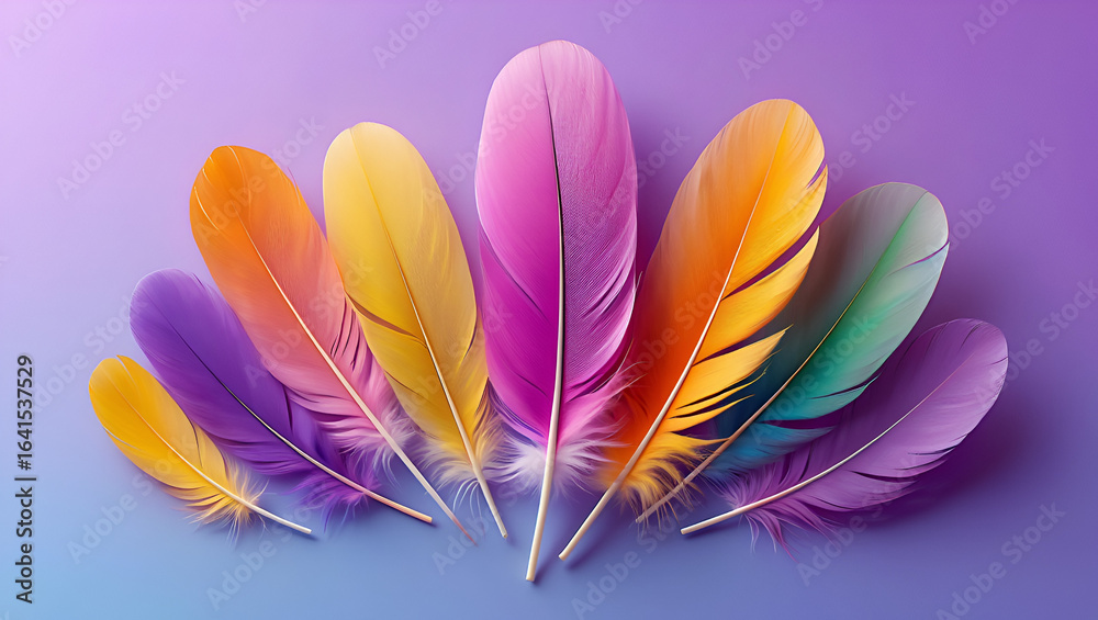 Naklejka premium colorful feathers on a purple background