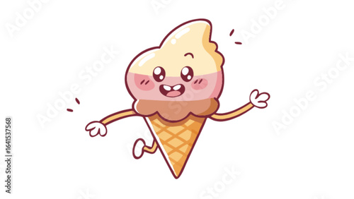 Cartoon ice cream cone character with arms and legs smiling cheerfully on a white background scene view