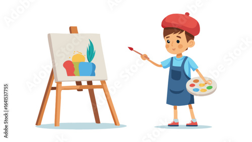 A young artist with a red beret painting a still life on a canvas with a wooden easel indoors