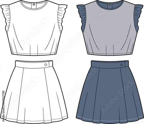 Girls crop top and skirt flat sketch, pleated skirt outfit, fashion technical drawing, ruffle sleeve top, front view apparel mockup, trendy youth design