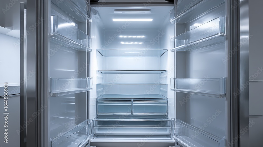 Fototapeta premium Empty Refrigerator Interior with Shelves and Drawers, Modern Kitchen Appliance, Ready for Food Storage