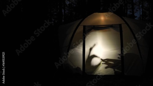Silhouettes of children create playful shadow puppets inside a glowing tent during nighttime in the forest, capturing a fun and creative moment of outdoor adventure