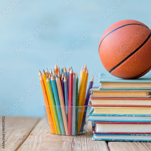 A stack of books sits beside a glass container filled with colorful pencils, topped with basketball. This image represents importance of balancing academics with sports and extracurricular activities