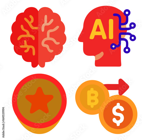 Artificial Intelligence and Blockchain Icons – Cryptocurrency, Digital Finance, and Cyber Security Vector Set