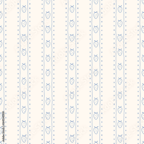 Hand drawn strawberry regency striped seamless pattern with a charming whimsical cottage core design. Soft blue pastel and nostalgic print. Perfect for textiles and romantic vintage-inspired decor.
