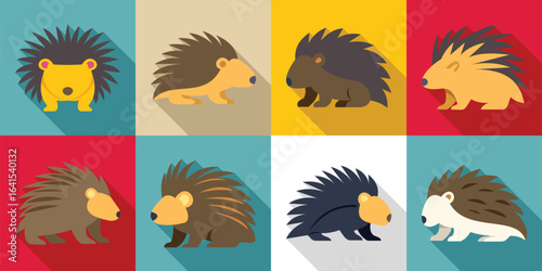 Porcupine icons set. Eight colorful porcupines are showing their quills in a flat design style with long shadows