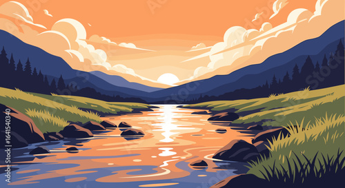 Peaceful river flows through a stunning mountain landscape at sunset with vibrant skies above