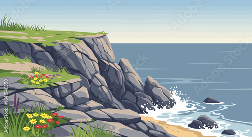 Seaside cliff with flowers and ocean view offers a tranquil and serene coastal escape illustration