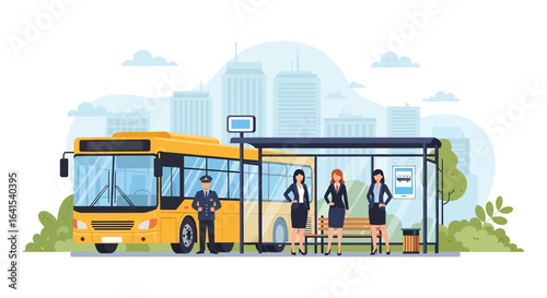 A flat illustration of a city bus stop with a yellow bus, bus driver, and passengers waiting under a shelter. The urban skyline in the background represents city life and commuting