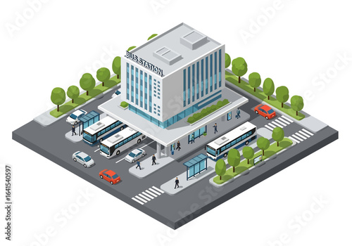 3D isometric illustration of a busy bus station with a modern terminal building, multiple buses parked at platforms, waiting passengers, cars, and surrounding trees