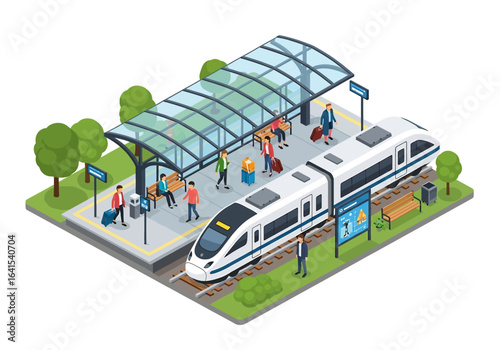 3D isometric illustration of a modern train station with a high-speed train arriving, passengers waiting on the platform with luggage, and station infrastructure