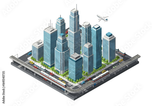 3D isometric illustration of a vibrant city skyline with tall buildings, a subway train on elevated tracks, various cars and buses on the road, and an airplane flying overhead
