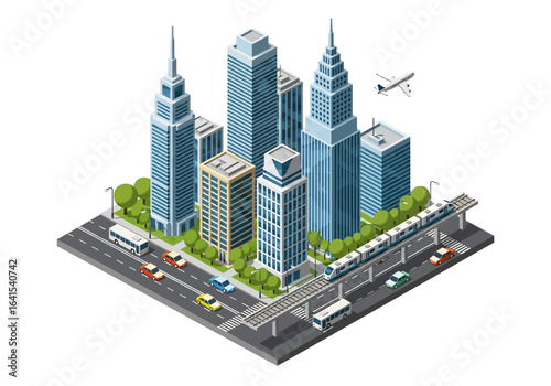 3D isometric illustration of a vibrant city skyline with tall buildings, a subway train on elevated tracks, various cars and buses on the road, and an airplane flying overhead