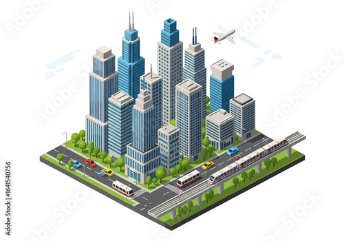 3D isometric illustration of a vibrant city skyline with tall buildings, a subway train on elevated tracks, various cars and buses on the road, and an airplane flying overhead