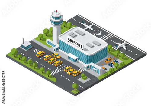 3D isometric illustration of a modern airport terminal with airplanes parked at gates and on the runway, along with a control tower, representing air travel and transportation