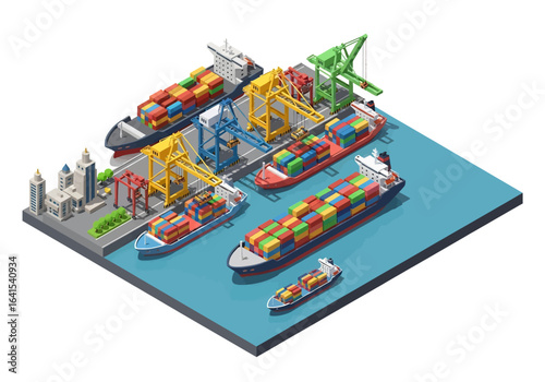 A 3D isometric illustration of a busy container port with cargo ships, cranes loading colorful containers, trucks, and service boats, depicting global trade and logistics