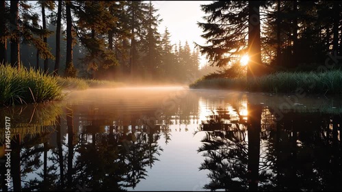 Sunrise reflection in serene forest landscape with mist over water