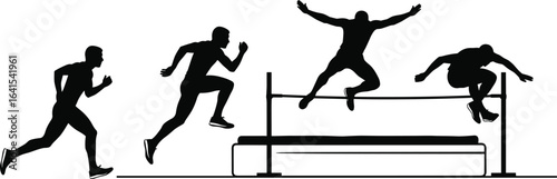 Track and field high jump athlete silhouette sequence, action stages, male competitor, from run-up to jump, over bar, and landing on mat, isolated on white.