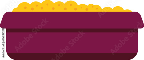 This vector illustration features a purple cat litter box full of yellow clumping cat litter, perfect for projects related to cat hygiene and pet care