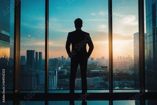 Silhouette of a businessman in a suit looking out a window at a city at sunset