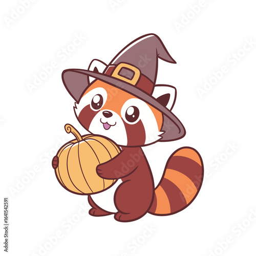 Cute red panda wearing a witch hat, holding a small pumpkin, with its tongue sticking out.